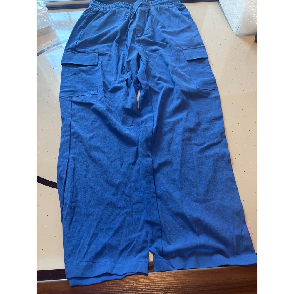 Ouku Blue Cargo Pants Mens Medium NWT Elastic Waist Drawstring Straight Leg